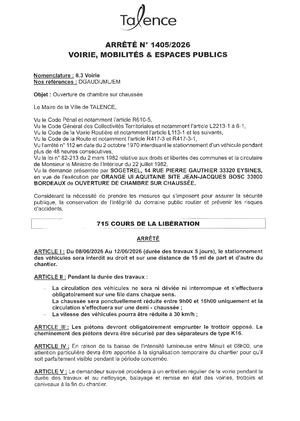 Arrete 1405 2026 Ouverture De Chambre Sur Chaussee 715 Cours De La Liberation Du 08 Au 12 06 2026