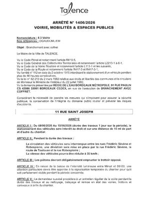Arrete 1406 2026 Branchement Avec Coffret 11 Rue Saint Joseph Du 08 Au 19 06 2026