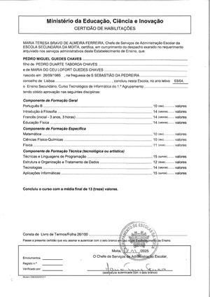 Certificado Habilitacoes Pedro Chaves