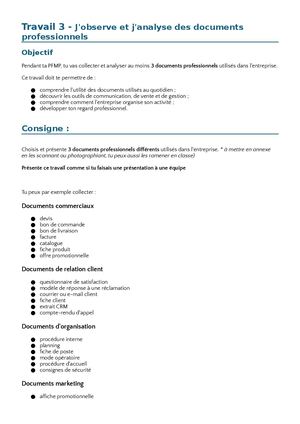 Travail 3 J'observe Et J'analyse Des Documents Professionnels