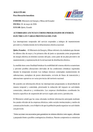 Boletín de Prensa 001 - Ministerio de Energía y Minas del Ecuador.