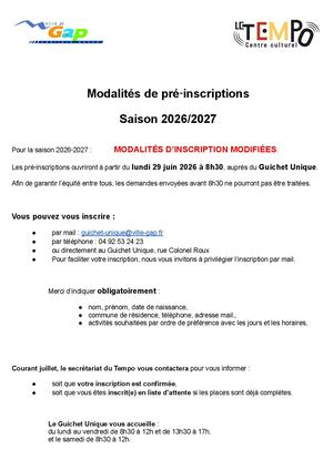 Tempo Activités 2026 2027