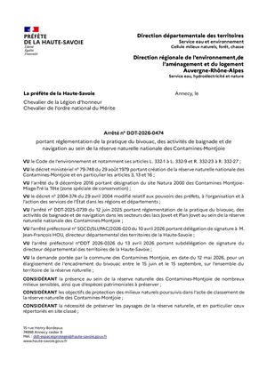 Arrêté préfectoral - Réglementation Bivouac Baignade - Réserve Naturelle des Contamines-Montjoie 2026