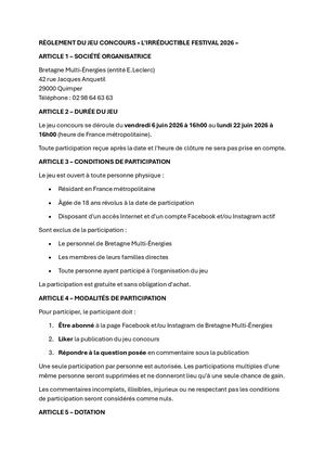 Réglement Jeu Concours L'irréductible Festival Juin 2026