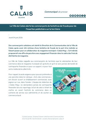 CP - La Ville de Calais alerte les commerçants de tentatives de fraude pour de l'insertion publicitaire