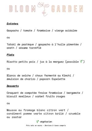 Menu Groupe Bloom Garden Restaurant