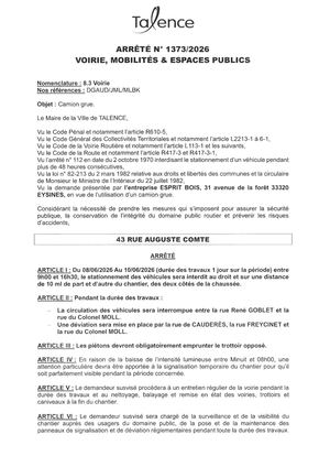 Arrete 1373-2026-Camion Grue 43 Rue Auguste Comte Du 8 Au 10-06-2026-Publié Le 04 06 2026