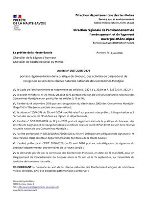 Arrêté préfectoral - Réglementation Bivouac Baignade - Réserve Naturelle des Contamines-Montjoie 2026