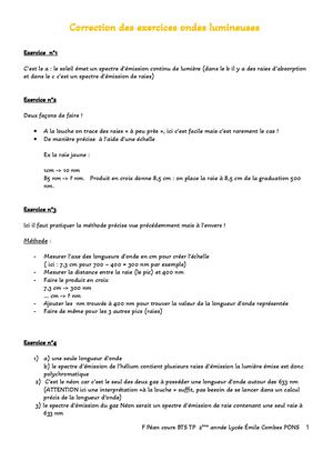 Correction Des Exercices Ondes Lumineuses