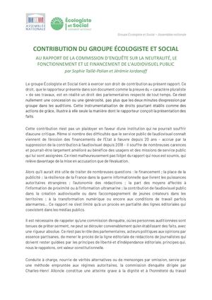 Contribution Du Groupe Ecologiste Et Social Au Rapport De La Commission D'enquête Sur L'audiovisuel Public