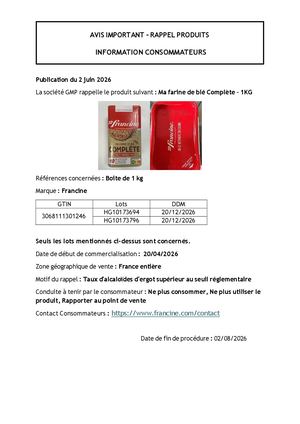 Rappel farine de blé Francine
