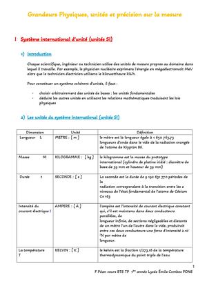 Grandeurs Physiques, Unités Et Précision Sur La Mesure