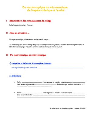 Du Macroscopique Au Microscopique, De L’espèce Chimique À L’entité Cours Élève