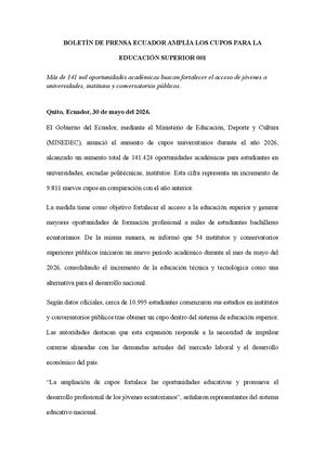 Ecuador amplía los cupos para la educación superior pública durante 2026