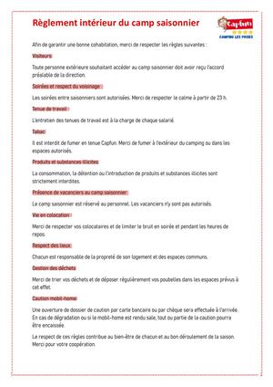 Règlement du camp Saisonnier