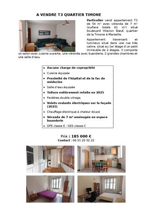 A Vendre Appartement T3 Quartier Timone
