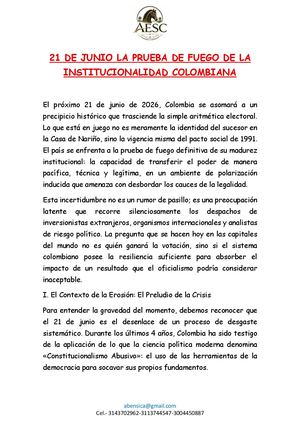 21 De Junio Y La Prueba De Fuego De La Institucionalidad Colombiana