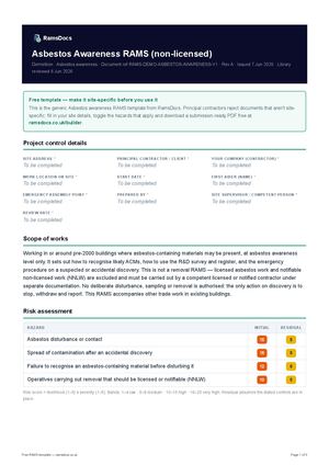 Asbestos Awareness RAMS (non-licensed) — Free RAMS Template (UK, CDM 2015)