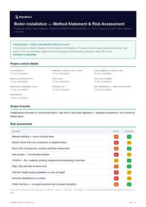 Boiler installation — Method Statement & Risk Assessment — Free RAMS Template (UK, CDM 2015)
