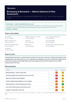 Bricklaying & Blockwork — Method Statement & Risk Assessment — Free RAMS Template (UK, CDM 2015)