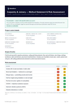 Carpentry & Joinery — Method Statement & Risk Assessment — Free RAMS Template (UK, CDM 2015)