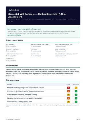Cement & Wet Concrete — Method Statement & Risk Assessment — Free RAMS Template (UK, CDM 2015)
