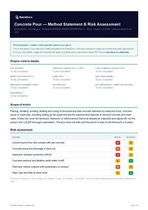 Concrete Pour — Method Statement & Risk Assessment — Free RAMS Template (UK, CDM 2015)