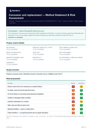 Consumer unit replacement — Method Statement & Risk Assessment — Free RAMS Template (UK, CDM 2015)