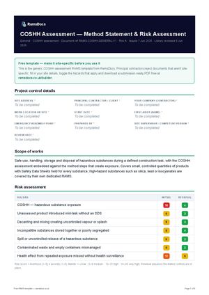 COSHH Assessment — Method Statement & Risk Assessment — Free RAMS Template (UK, CDM 2015)