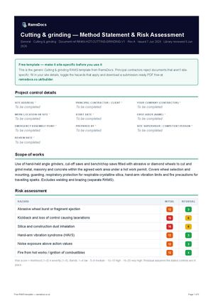 Cutting & grinding — Method Statement & Risk Assessment — Free RAMS Template (UK, CDM 2015)