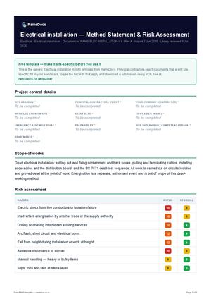 Electrical installation — Method Statement & Risk Assessment — Free RAMS Template (UK, CDM 2015)