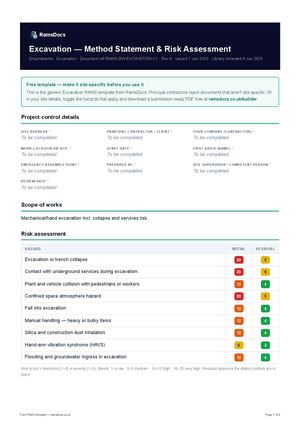 Excavation — Method Statement & Risk Assessment — Free RAMS Template (UK, CDM 2015)