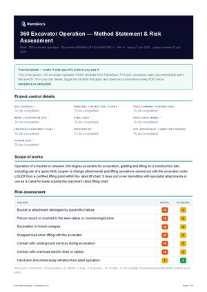 360 Excavator Operation — Method Statement & Risk Assessment — Free RAMS Template (UK, CDM 2015)