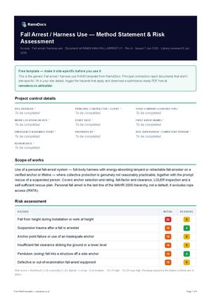 Fall Arrest / Harness Use — Method Statement & Risk Assessment — Free RAMS Template (UK, CDM 2015)