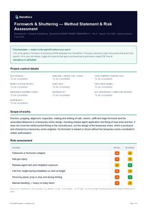 Formwork & Shuttering — Method Statement & Risk Assessment — Free RAMS Template (UK, CDM 2015)