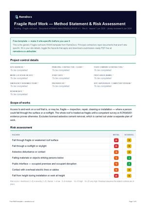 Fragile Roof Work — Method Statement & Risk Assessment — Free RAMS Template (UK, CDM 2015)