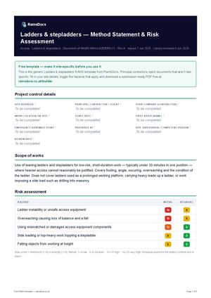 Ladders & stepladders — Method Statement & Risk Assessment — Free RAMS Template (UK, CDM 2015)