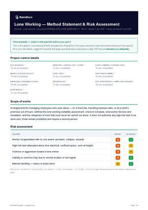 Lone Working — Method Statement & Risk Assessment — Free RAMS Template (UK, CDM 2015)