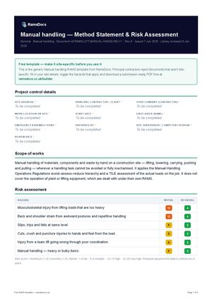 Manual handling — Method Statement & Risk Assessment — Free RAMS Template (UK, CDM 2015)