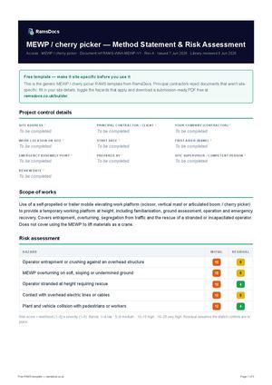 MEWP / cherry picker — Method Statement & Risk Assessment — Free RAMS Template (UK, CDM 2015)