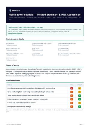 Mobile tower scaffold — Method Statement & Risk Assessment — Free RAMS Template (UK, CDM 2015)