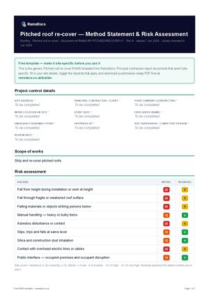 Pitched roof re-cover — Method Statement & Risk Assessment — Free RAMS Template (UK, CDM 2015)