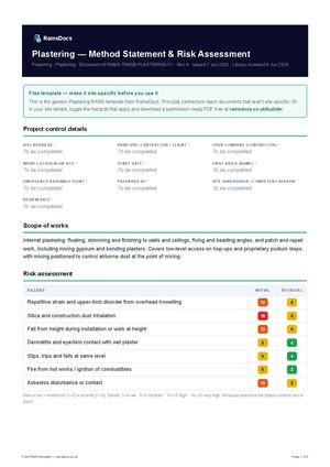 Plastering — Method Statement & Risk Assessment — Free RAMS Template (UK, CDM 2015)
