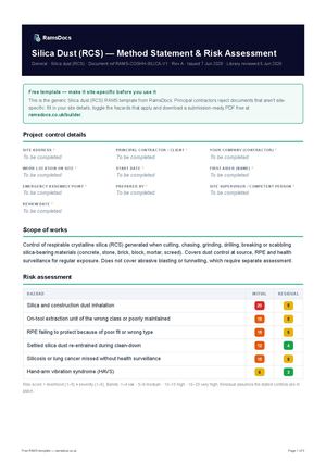Silica Dust (RCS) — Method Statement & Risk Assessment — Free RAMS Template (UK, CDM 2015)