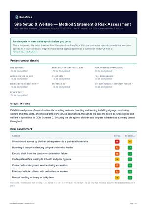 Site Setup & Welfare — Method Statement & Risk Assessment — Free RAMS Template (UK, CDM 2015)