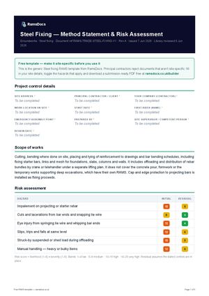 Steel Fixing — Method Statement & Risk Assessment — Free RAMS Template (UK, CDM 2015)