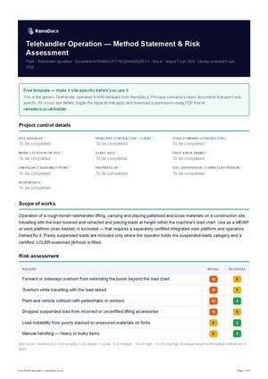 Telehandler Operation — Method Statement & Risk Assessment — Free RAMS Template (UK, CDM 2015)