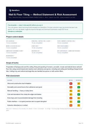 Wall & Floor Tiling — Method Statement & Risk Assessment — Free RAMS Template (UK, CDM 2015)