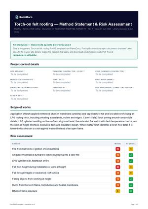 Torch-on felt roofing — Method Statement & Risk Assessment — Free RAMS Template (UK, CDM 2015)