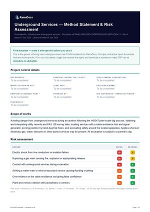 Underground Services — Method Statement & Risk Assessment — Free RAMS Template (UK, CDM 2015)